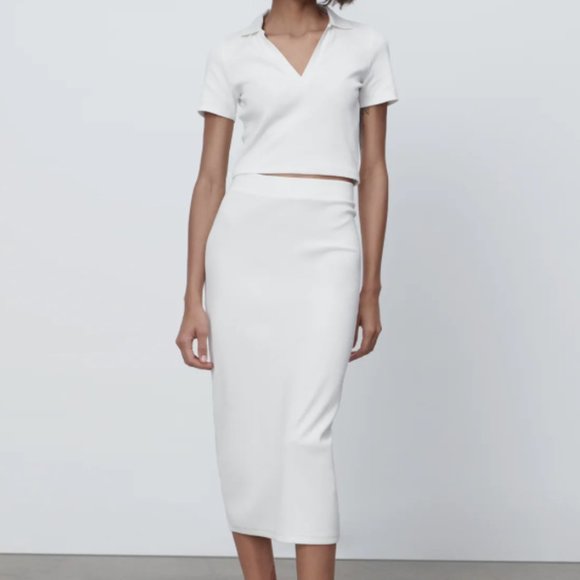 ZARA | Ribbed White Polo Crop Tee - Picture 1 of 2